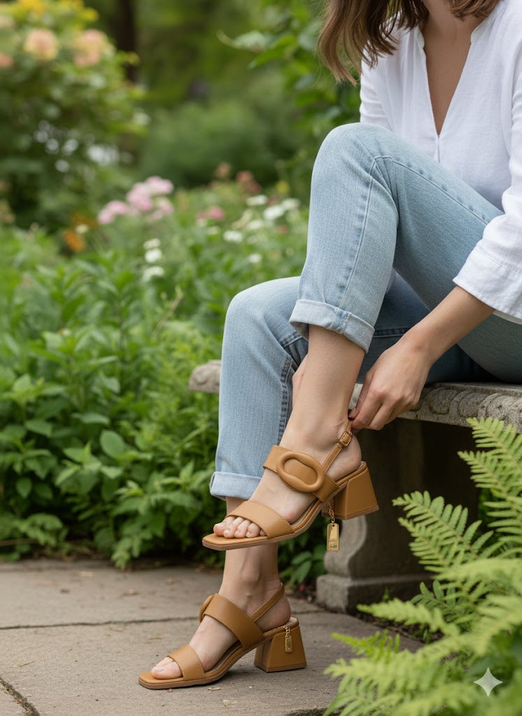 Sandália Salto Bloco Tira Larga Fivela Dourada Confortável Festa