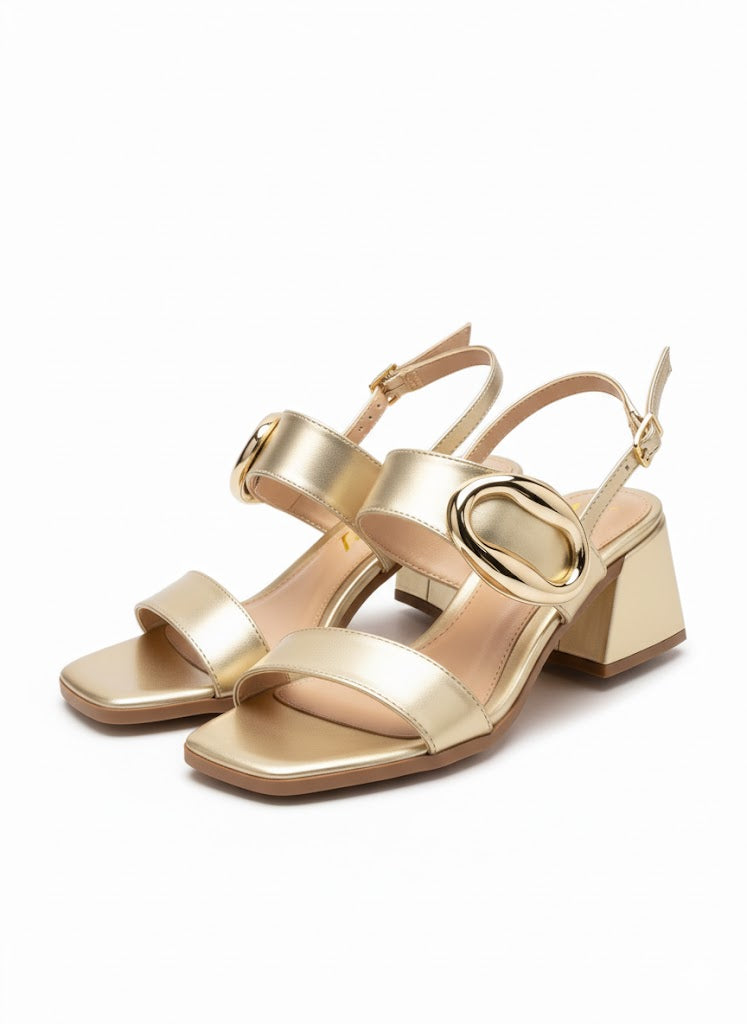 Sandália Salto Bloco Tira Larga Fivela Dourada Confortável Festa